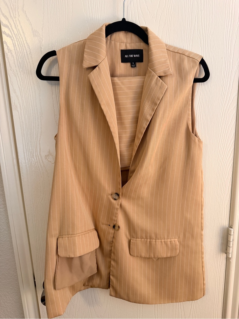 All The Ways Women's Tan Pinstripe Sleeveless Blazer Vest